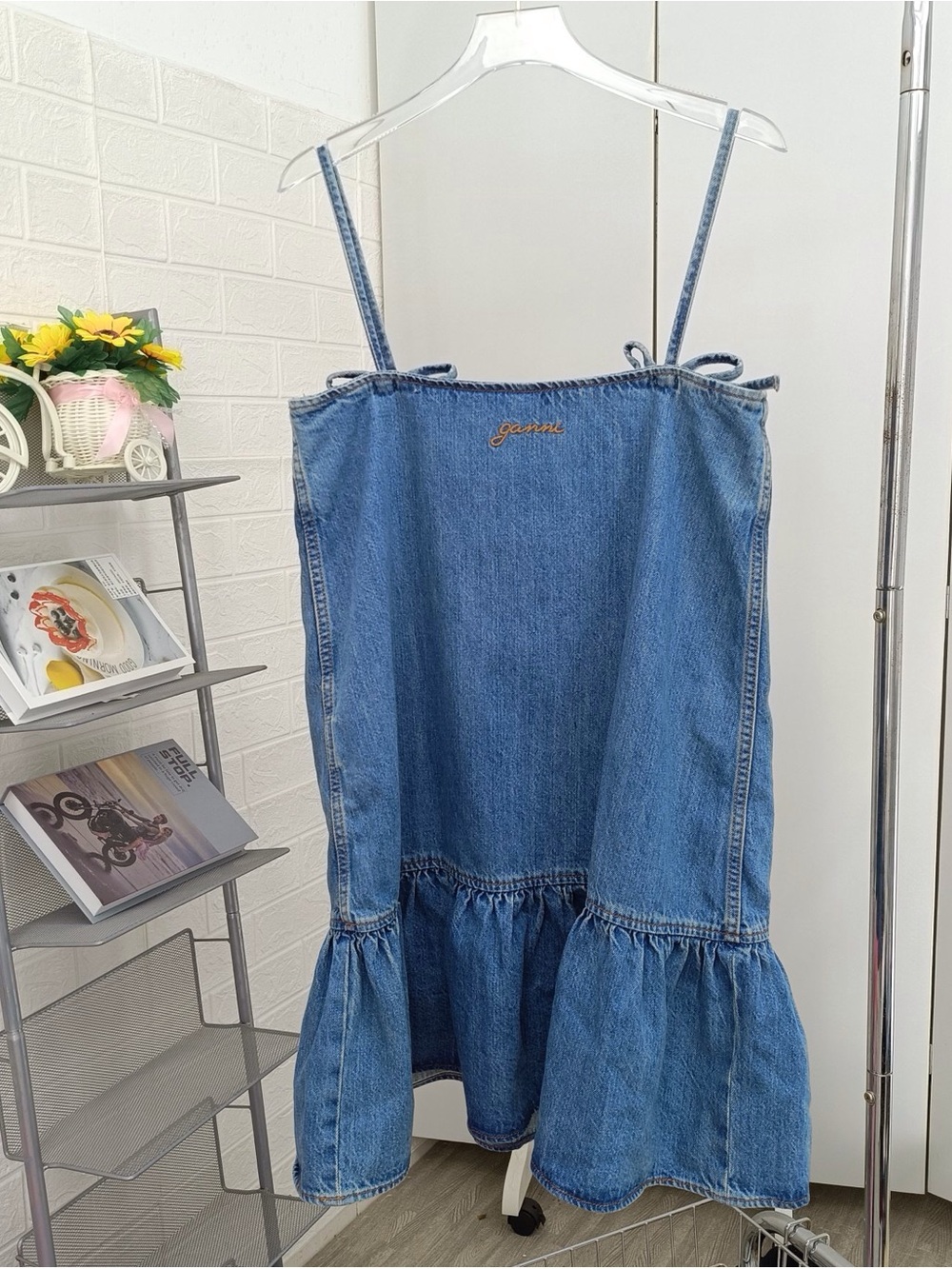 Ganni Light Blue Denim Dress with Tan Embroidery